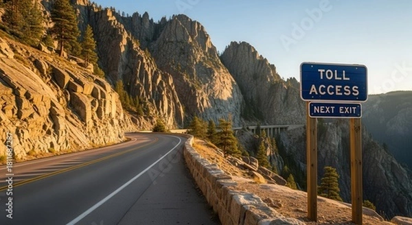 Fototapeta Scenic Mountain Road Leading to a Toll Access Point with Clear Signage in Daylight