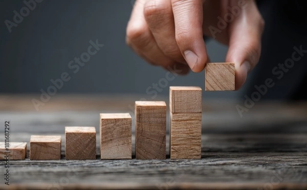 Fototapeta Businessman's hand placing a wooden block on a step, building a structure of success and growth