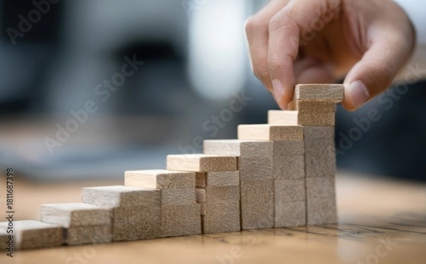 Fototapeta Businessman's hand placing a wooden block on a step, building a structure of success and growth