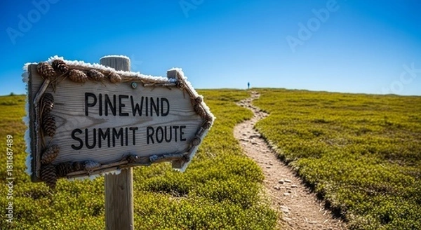 Fototapeta Scenic Pinewind Summit Route Sign Directing Towards the Mountain Peak