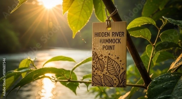 Obraz Scenic Riverside Retreat With Hammock Point Sign Amidst Lush Greenery And Sunshine