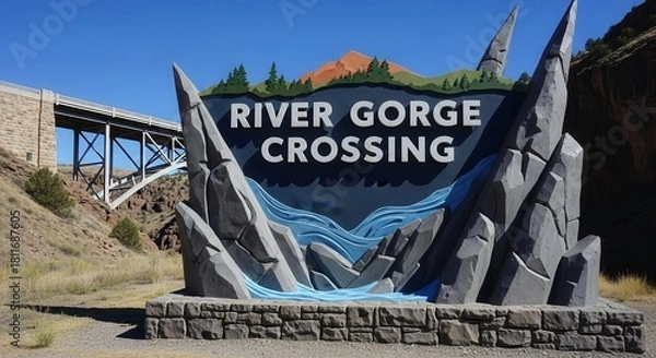 Obraz Scenic River Gorge Crossing Sign Depicting Bridge And Natural Landscape