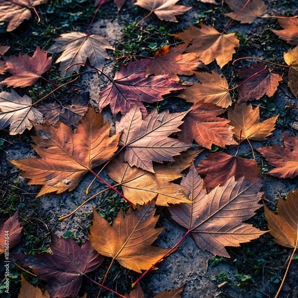 Fototapeta Scattered Autumn Maple Leaves in Various Warm Hues of Brown Orange and Red on Dark Grassy Ground in Soft Sunlight