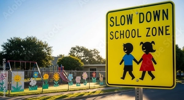 Fototapeta School Zone Sign and Playground Scene, Emphasizing Safety, Education, and Playtime