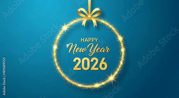 Fototapeta Happy new year 2026 greeting card with sparkling golden bauble