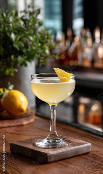 Fototapeta the cocktail London Calling made with gin, fino sherry, lemon juice, sugar syrup and bitters served in a coupette