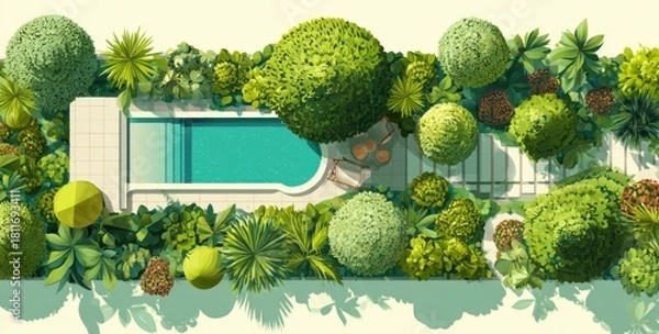 Fototapeta Top view of a garden landscape design with a swimming pool, plants, and trees in a flat vector style