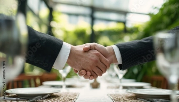 Obraz Two businessmen shaking hands in the conference room, close-up of handshakes and professional attire