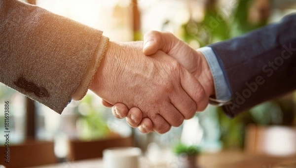 Fototapeta Two businessmen shaking hands in the conference room, close-up of handshakes and professional attire