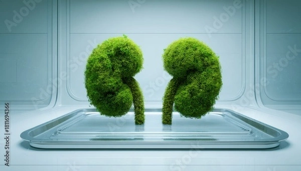 Fototapeta Two stylized moss organs shaped like kidneys placed on a reflective. vector illustration