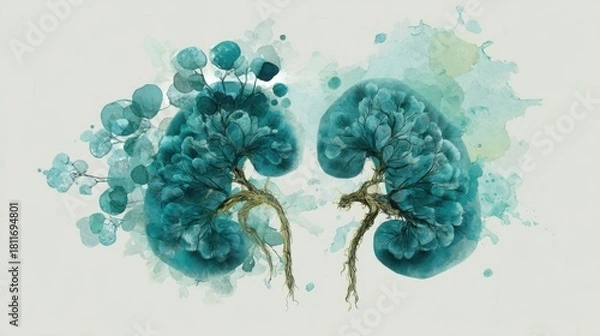 Fototapeta Two vivid moss kidneys centered over a subtle, digitally-painted watercolor splash in shades of teal and sage.