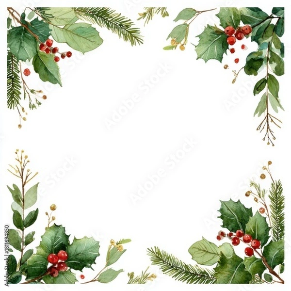 Fototapeta Watercolor Christmas border frame with holly, mistletoe, and pine branches on a white background, in a square shape, clipart