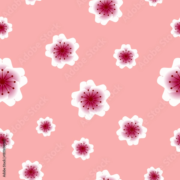 Fototapeta Seamless cherry blossom pattern with soft pink background and delicate flower elements. Elegant floral design suitable for spring themes, textile prints, packaging, invitations and decorative projects