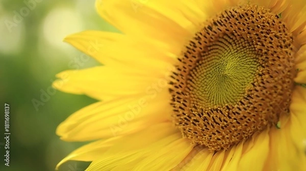 Fototapeta Closeup of a sunflower showcasing its vibrant yellow petals and intricate center, with a soft, blurred green background, evoking a sense of tranquility