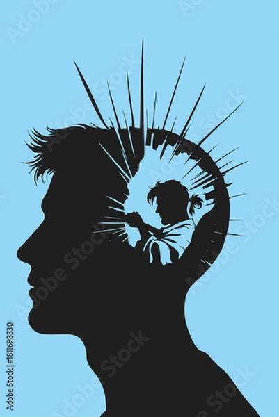 Fototapeta Surreal silhouette artwork showing a man’s profile with an inner figure carving through the mind, symbolizing self-discovery, healing, and transformation. Ideal for themes of psychology, therapy, and 