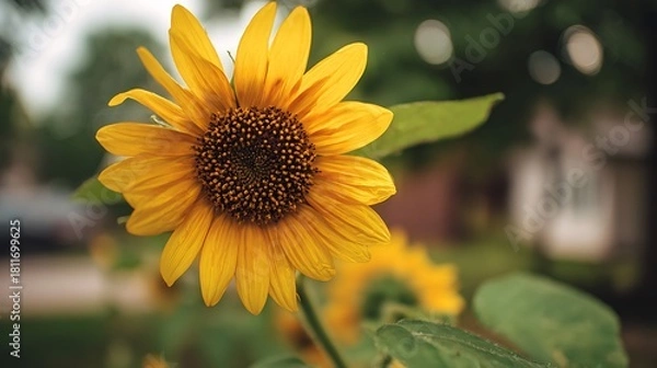 Fototapeta A vibrant sunflower in full bloom, its golden petals radiating warmth and joy, set against a soft, blurred backdrop of lush greenery and a charming suburban home