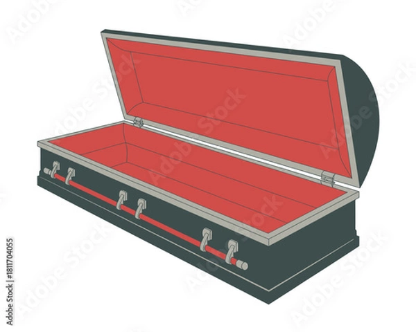Fototapeta Open dark coffin with red interior and silver handles on white