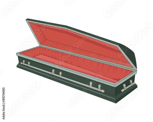 Obraz Ornate open coffin with red interior and metallic handles, isolated.
