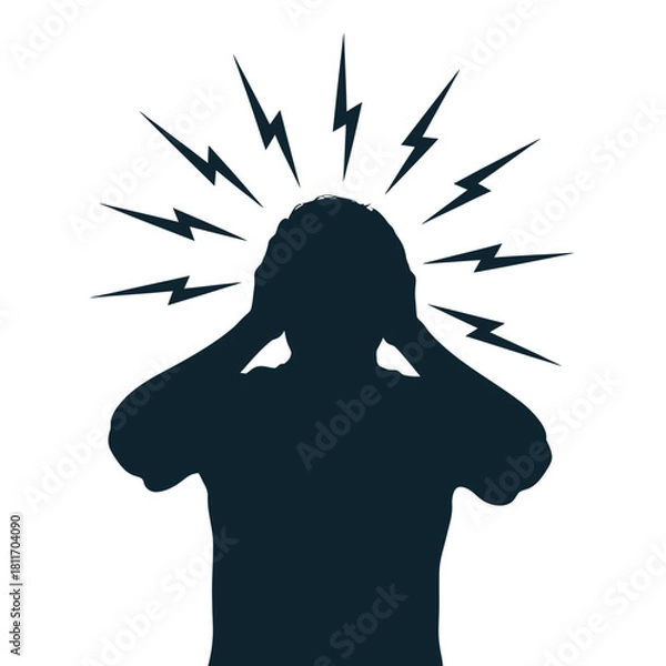 Fototapeta Silhouette of person holding head with lightning bolts, symbolizing stress