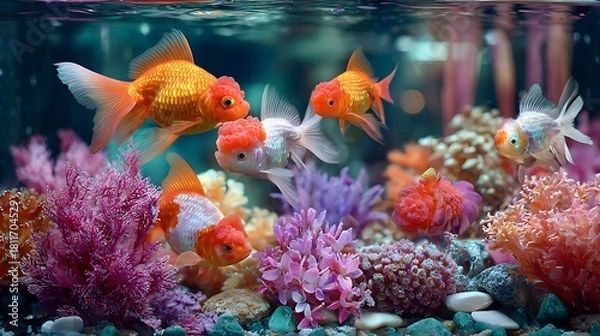 Fototapeta A captivating aquarium scene featuring a group of goldfish gracefully swimming among vibrant coral, creating a mesmerizing display of aquatic life and natural beauty