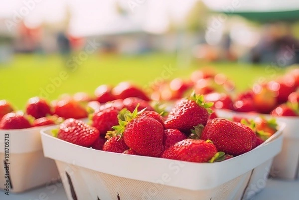 Obraz Strawberries in white boxes at a rustic outdoor market, vibrant color against soft-focus grass, conveying summer love for agricultural storytelling.