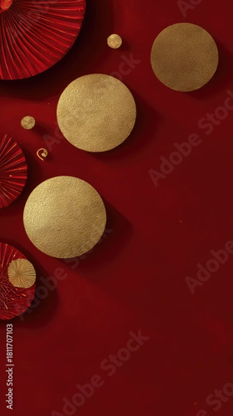 Fototapeta Minimalistic gold-on-red Chinese New Year background with elegant decoration and clean copy space. Vertical banner