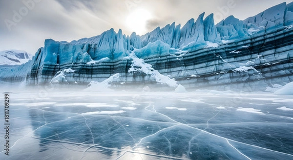 Fototapeta Dramatic glacial ice formations with a frozen surface reflecting the sky and sunlight.
