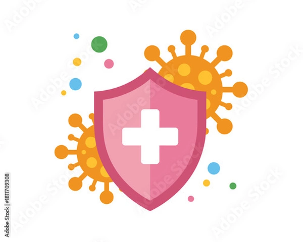 Obraz Pink shield with cross protecting from virus icons and small dots