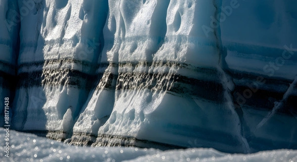 Fototapeta A close-up view of a glacier's textured ice wall with dark horizontal layers of ancient sediment.