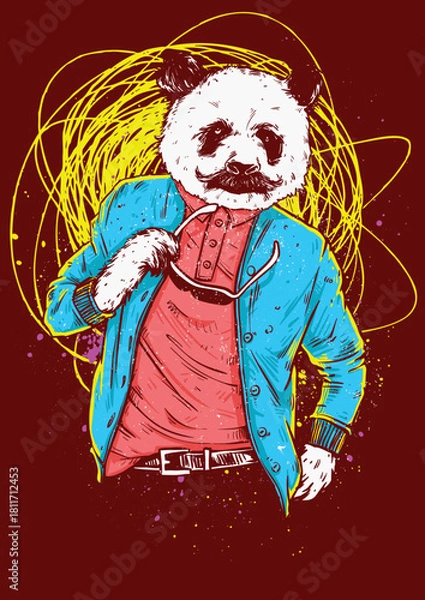 Fototapeta Hipster panda with mustache wearing a blue jacket and glasses