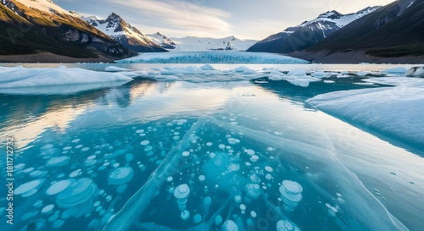 Fototapeta A beautiful glacial lake with trapped bubbles in turquoise ice, reflecting mountains and a glacier under a clear sky.