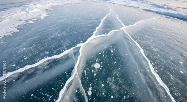 Obraz Close-up view of a large crack in the frozen surface of a body of water, with bubbles trapped within the ice.