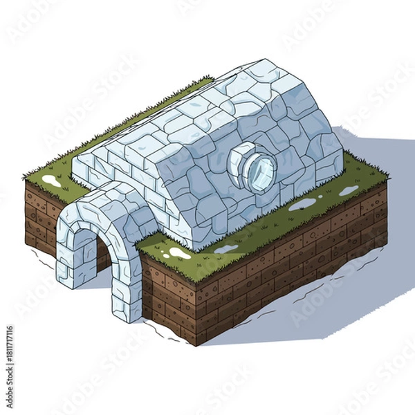 Obraz Isometric Stone Structure with Circular Window and Archway Entry Cartoon