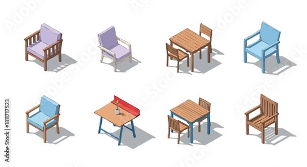 Obraz Isometric Furniture Collection Stylish Chairs and Tables for Interior Design Projects