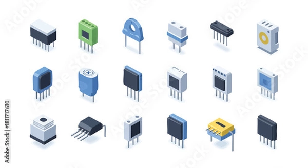 Fototapeta Isometric Illustration of Electronic Components on White Background Technical Concept