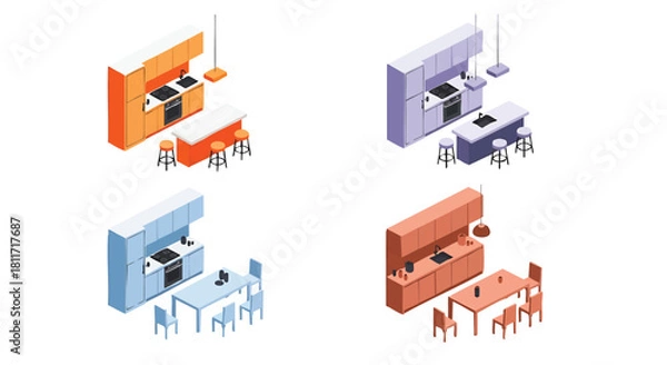 Obraz Isometric Kitchen and Dining Room Set in Various Color Schemes Designs