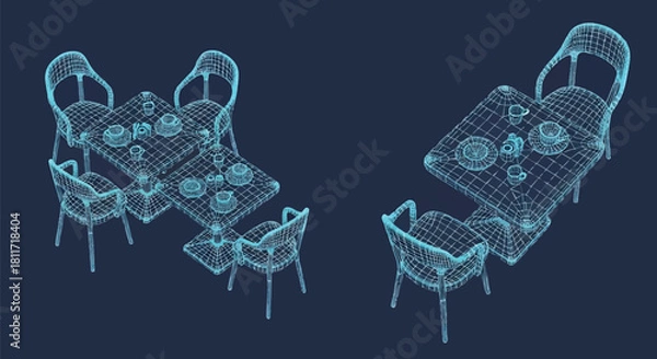 Fototapeta Conceptual Restaurant Tables and Chairs Wireframe Design on Dark Blue Background