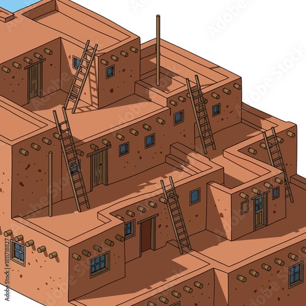 Obraz Stylized Isometric Rendering of a Traditional Pueblo Building Complex