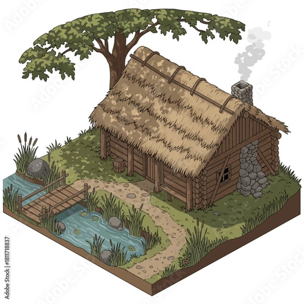 Obraz Stylized Isometric Illustration of a Secluded Log Cabin by a Creek