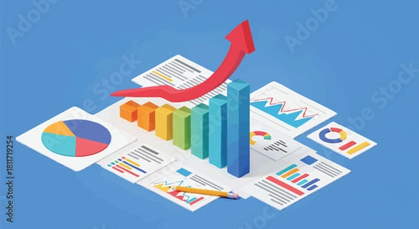 Fototapeta Isometric Business Analysis and Growth Concept with Charts and Arrow Up