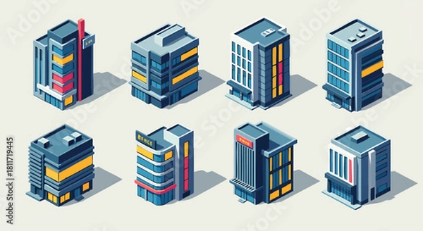 Fototapeta Isometric City Buildings Vector Design Set Urban Architecture Collection