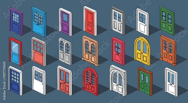 Fototapeta Isometric Colorful Door Collection Different Styles Architectural Designs for Home Entrance