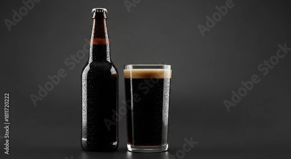 Fototapeta A dark brown beer bottle stands next to a glass of dark stout beer with a frothy head on a dark background.