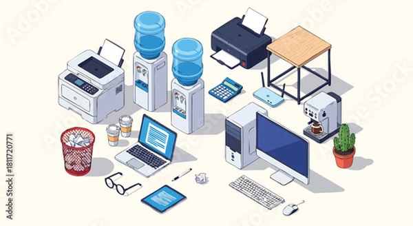 Fototapeta Isometric Office Scene with Computer Laptop and Assorted Office Supplies