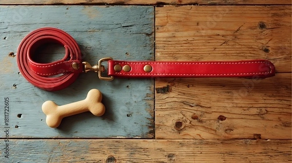Fototapeta Overhead shot of a red dog leash and boneshaped treat on a rustic wooden surface, showcasing pet accessories and a playful canine theme with a vintage touch