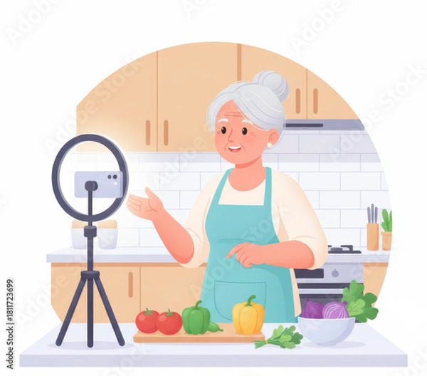 Fototapeta Elderly woman chef recording a cooking tutorial video with a smartphone and ring light in her kitchen.