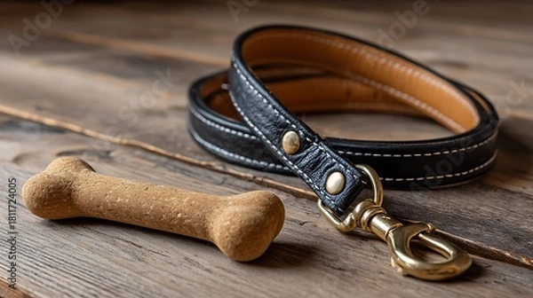 Fototapeta Closeup of a black leather dog leash and boneshaped treat on a wooden surface, highlighting pet accessories and a canine theme with a rustic backdrop