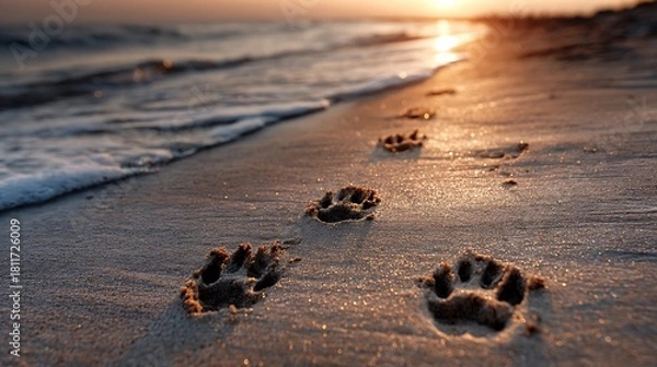 Fototapeta Dog paw prints lead along the sandy beach towards the ocean at sunset, creating a serene and peaceful scene of natures beauty and companionship