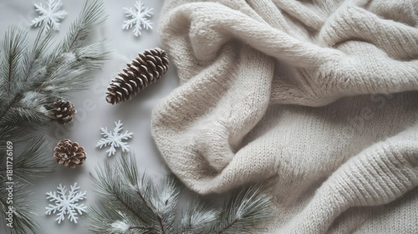 Obraz Cozy Winter Flat Lay with Pinecones and Snowflake Accents