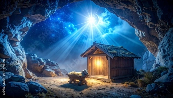 Fototapeta Inside the cave with empty wooden manger. Birth of Jesus Christ.	
